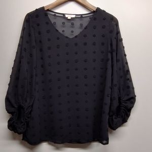 Oddy Textured Tunic Top Women Size S Neutral Black Long Sleeve V-Neck Feminine